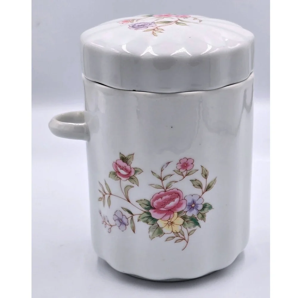 Vintage 1988 FTDA White Ceramic Floral Canister with Lid and Side Handle Fluted